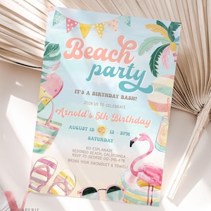 Editable Beach Birthday Party Invitation | Watercolor Summer Party Invite | Peach Turquoise Beach Party Invite Teen Birthday Bash BBP01