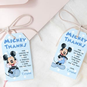 Bewerkbaar voor ELKE LEEFTIJD Mickey Mouse-bedankkaart | Aquarel blauw witte polkadot feestbedankjes | Blauw Mickey-bedankkaartje, cadeau BMB01