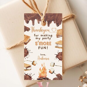 Etiqueta de lembrancinha de aniversário ou chá de bebê S'mores editável | Fogueira de acampamento, Campire Smore Fun com cartão de agradecimento para festa de bebê | Chá de casal SBS01