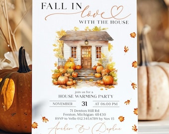 May include: A housewarming party invitation with a watercolor illustration of a small house with pumpkins on the porch. The invitation is decorated with fall leaves and the text "Fall in love with the house". The invitation includes the date, time, address, and RSVP information.