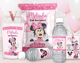Editable Printable Any Age Minnie Mouse Birthday Party Favors | Glitter Pink Minnie Party Chip Bag, Water Bottle Label, Caprisun, TQ  MMB01