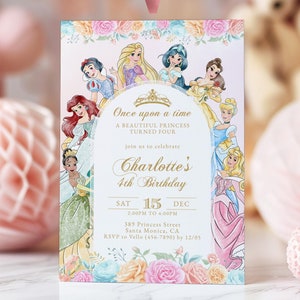 Convite para festa de aniversário editável e imprimível Once Upon a Time | Convite de princesa aquarela para qualquer idade | Festa de princesa rosa ouro rosa PB02