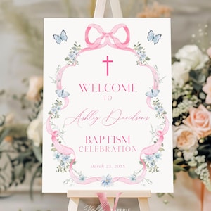 Letrero moderno de bienvenida para bautizo con flores silvestres / Letrero rosa para fiesta de bautizo de niñas / Decoración floral con lazo rosa para entrada de bautizo / Primera Comunión BTM01