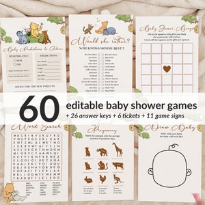 Ensemble classique modifiable de jeux et d&#39;activités pour baby shower Winnie l&#39;ourson | Ensemble de jeux de baby shower imprimable Little Hunny Pooh WTP01