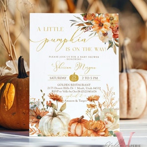 Free Diaper Raffle, Book, Thankyou Card | Little Pumpkin Fall Baby Shower Invitation Bundle | Autumn Floral Pumpkin Baby Shower Invite