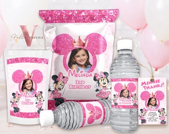 Self Editable Photo Minnie Mouse Birthday Party Favors | Glitter Pink Minnie Party Chip Bag, Water Bottle Label, Caprisun, Thanks Tag MMB03
