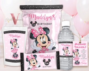 Recuerdos editables para fiestas de cumpleaños de Minnie Mouse / Para cualquier edad: bolsa de papas fritas, etiqueta para botella de agua, Capri-Sun, Rice Krispie, etiqueta TQ MMB01