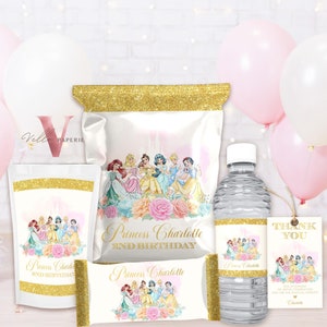 Bearbeitbar Prinzessin Birthday Party Favors Dekor | Beige Gold Prinzessin Party Chip Tasche, Wasserflasche Etikett, Caprisun, Rice Krispi, TQ Tag PB01