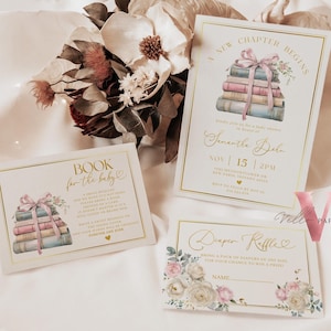 Gratis luierloterij, boek, bedankkaartje | Verhalenboek uitnodigingsbundel babyshower | Nieuw hoofdstuk staat op het punt te beginnen Boek babyshoweruitnodiging