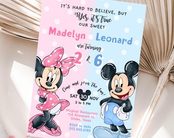 Invitación de cumpleaños conjunta de Mickey y Minnie Mouse / Invitación para fiesta de acuarela con gemelos de lunares / Segunda invitación instantánea BMB10