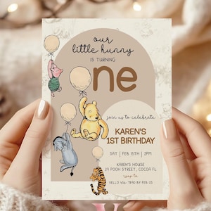 Classic Winnie the Pooh First Birthday Invitation | Editable Winnie The Pooh 1st Birthday Party Invite | Beige Balloon Toile de Juoy WPB02