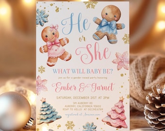 Convite para chá de bebê de gengibre | Convite para revelação do sexo do bebê no inverno | Festa de Natal com biscoitos de gengibre rosa e azul CWBS01