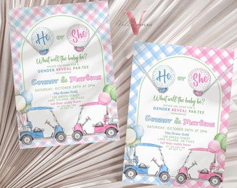 Blue Pink Gold Baby Shower Invitation | Editable Blue and Pink Golf Themed Par-tee For Baby | Boy or Girl Gender Reveal Golf Party Invite