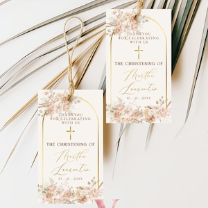 Étiquette de faveur modifiable imprimable moderne BOHO croix BAPTÊME | Médaillon pour cadeau de baptême en herbe de la pampa | Modèle instantané de carte de remerciement pour bébé