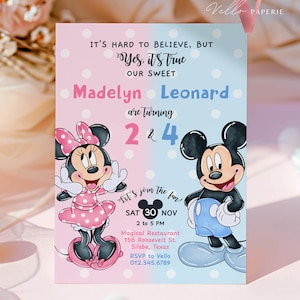 May include: A party invitation with a pink and blue background featuring Minnie and Mickey Mouse. The invitation includes the text "It's hard to believe, but Yes, it's true" and details for a party for Madelyn and Leonard.