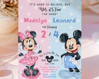 Invitación de cumpleaños conjunta de Mickey y Minnie Mouse / Invitación para fiesta de acuarela con gemelos de lunares / Segunda invitación instantánea BMB10