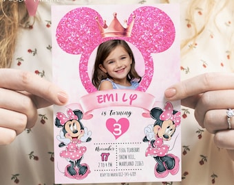 Photo Pink Minnie Birthday Invitation | Editable Printable Glitter Minnie Birthday Girl Party Invite with Photo Instant Template  MMB03