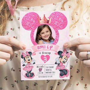 Photo Pink Minnie Birthday Invitation | Editable Printable Glitter Minnie Birthday Girl Party Invite with Photo Instant Template  MMB03