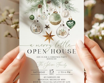Merry Little Open House Invitation | Neutral Christmas Party Invite | Boho Silver Green Friendsmas Party Invite Christmas Decor CHP01