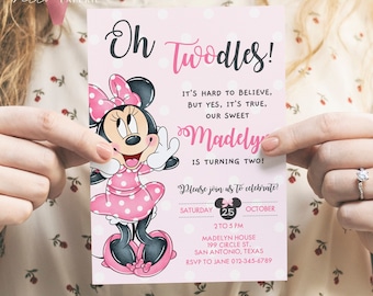 Self Editable Oh TWOdles Minnie Mouse Birthday Invitation, Light Pink Polka Dot Invite 2year old Girl Second Birthday Instant Download MMB01