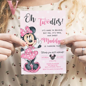 Zelf bewerkbare Oh TWOdles Minnie Mouse verjaardagsuitnodiging, lichtroze polka dot uitnodiging 2-jarig meisje tweede verjaardag Instant Download MMB01