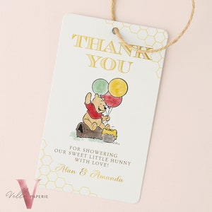 Tarjeta de agradecimiento de Winnie the Pooh Baby Shower / Editable imprimible Beige Gold Pooh Baby Shower Party Favor Tag / Gender Reveal Party Gift Tag