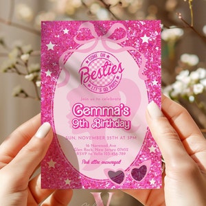 Editable &quot;Besties&quot; Fashion Pink Doll Sparkle Birthday Invitation | Pink Doll Glitter | Any Age Pink Princess Silhoutte Party Invite Instant