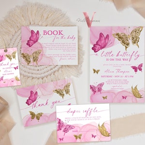 Bundle Pink Gold Watercolor Butterfly Baby Shower Party Invitation | Baby Butterfly Welcome Party Invite | Diaper Raffle, Book for Baby, TQ