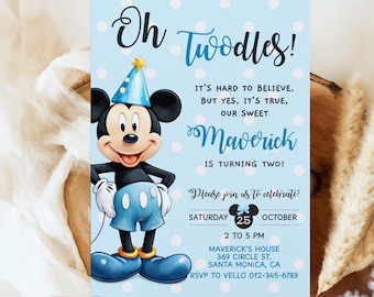 Self Editable Oh Twodles Mickey Mouse Birthday Invitation | Watercolor Blue Mickey Birthday Party Invite | Mickey Twodles Instant Download