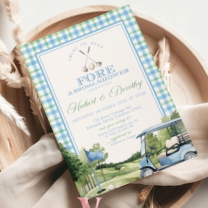 Soft Blue Green GOLF Bridal Shower Par-tee Invitation | Golf Themed Party FORE the Bride and Groom | Golf Couple Invite Wedding Shower GBS01