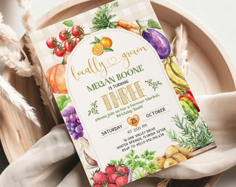 Verse lokaal geteelde verjaardagsuitnodiging | Neutrale verjaardagsuitnodiging voor boerenmarkt | Biologisch Groenten Fruit Feest ELKE LEEFTIJD Instantsjabloon