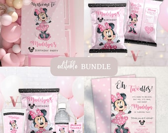 Minnie Mouse Birthday BUNDLE | Minnie Party Invitation, Welcome Sign, Party Favors, Chip Bag, Bottle Label, Caprisun, Rice Krispie Tag MMB01