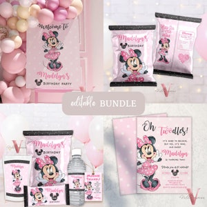 May include: A printable party bundle featuring Minnie Mouse with pink and black polka dots. The bundle includes a welcome sign, a birthday invitation, a favor bag, a water bottle label, a thank you tag, and a chip bag label. The text on the invitation reads "Oh Twodles! It's hard to believe, but yes, it's true. Our sweet Madelyn is turning two!"