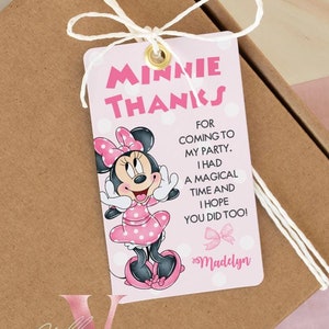 Cartão de agradecimento de aniversário da Minnie Oh TWOdles autoeditável | Etiqueta para lembrancinha de festa de aniversário da Minnie em aquarela editável e imprimível | Etiqueta para presente MMB01