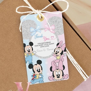 Tarjeta de agradecimiento para baby shower de Minnie y Mickey / Etiqueta de regalo para fiesta de baby shower en azul y rosa editable / Etiqueta de regalo para fiesta de revelación de género MBS01 de Mouseketeer