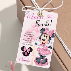MODIFICABILE Qualsiasi età Minnie Grazie Minnie Mouse Compleanno Biglietto di ringraziamento / Modificabile Acquerello Bambina Festa di Compleanno Etichetta bomboniera / Etichetta regalo MMB02