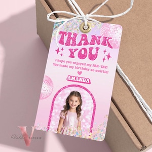 Modifiez-vous vous-même carte de remerciement de fête d'anniversaire photo | Étiquette de cadeau modifiable imprimable pourpre rose scintillant TS | Étiquette-cadeau C'est moi salut