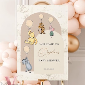 Editable Classic Winnie the Pooh Baby Shower or Birthday Welcome Sign | Printable Beige Toile de Juoy, Bearly Wait Party Decor Sign WTP03