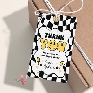 Aniversário Groovy da cara do sorriso Thankyou Cartão Comemorativo | cara feliz retro editável alguma etiqueta de lembrancinha de festa | Parafuso de iluminação facial Emoji Smile BW