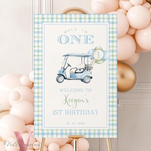 Editable Hole In One Birthday or Shower Welcome Sign | Lets Par-tee Golf ANY AGE Decor | Golfing Masters Party Pastel Blue Party Sign BGB01
