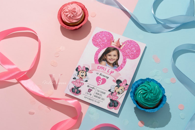 Photo Pink Minnie Birthday Invitation | Editable Printable Glitter ...