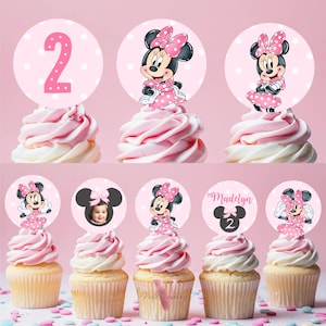 Editable Any Age Minnie Mouse Birthday Cupcake Topper | Light Pink Polkadot Minnie Cake Decor | Kid Minnie Pink Birthday Party Favor  MMB01