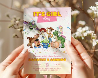 It's a Girl Story Baby Shower Invitation | Watercolor Toy Story Girl Theme Colorful Baby Party Invite | Pink Gender Reveal It's a Girl