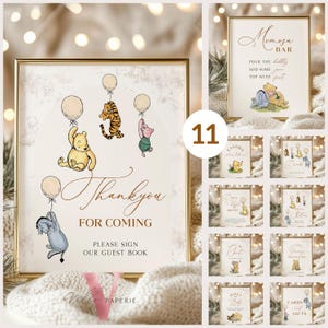 Editable Winnie the Pooh Balloons Baby Shower or Birthday Premade Sign | Printable Beige Toile de Juoy, Bearly Wait Decor Table Sign WTP05