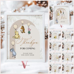 Editable Winnie the Pooh Balloons Baby Shower or Birthday Premade Sign | Printable Beige Toile de Juoy, Bearly Wait Decor Table Sign WTP03