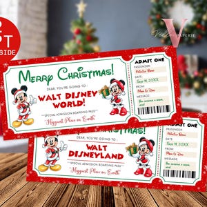 May include: Two red and green Christmas-themed printable tickets with a Mickey Mouse illustration. The tickets say "Merry Christmas!" and "Dear, you're going to Walt Disney World!" and "Special Admission Boarding Pass - Happiest Place on Earth".