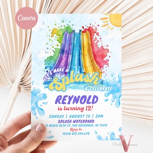 Editable Water Park Splish Splash Birthday Invitation | Watercolor Summer Party Invite | Water Slide Pool Party Invite Any Age Birthday Bash