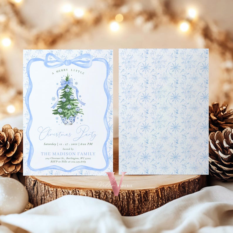 May include: A double-sided Christmas party invitation. The front displays a blue ribbon design with a Christmas tree illustration and the text "A Merry Little Christmas Party". The back has a blue snowflake pattern.