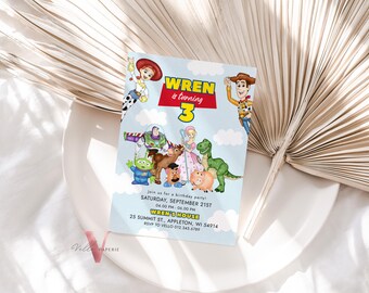 Any Age TOY Story Birthday Invitation | Watercolor Toy Story Boy Theme Colorful Birthday Party Invite | Buzz Woody Jessie