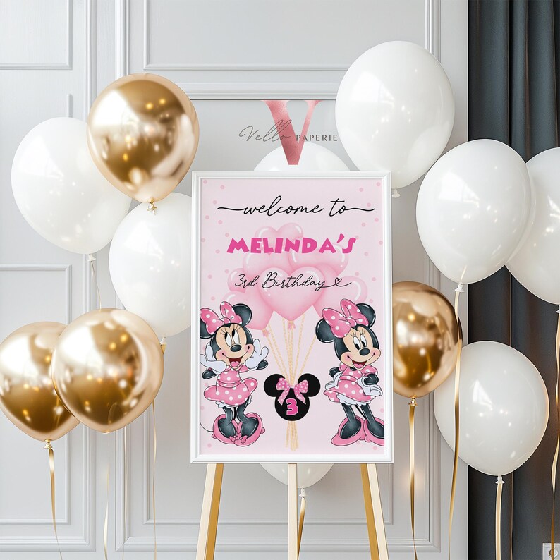 May include: A pink framed sign for a 3rd birthday, featuring Minnie Mouse illustrations and the text "welcome to MELINDA'S 3rd Birthday". The scene is decorated with gold and white balloons.